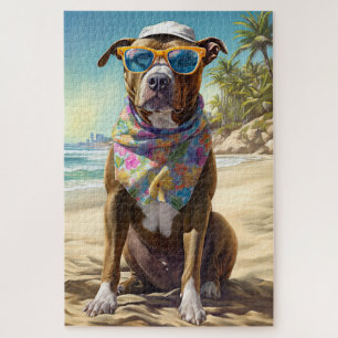Puzzle American Staffordshire sur la plage, cadeau d'été