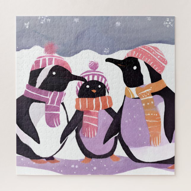 Puzzle Amis Manchots de Noël | Aquarelle d'Hiver (Vertical)