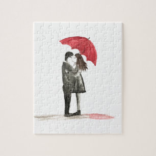 Puzzle Amour couple avec parapluie rouge