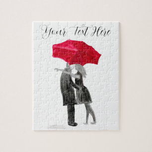 Puzzle Amour couple parapluie rouge Aquarelle Saint Valen