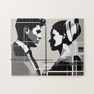 Puzzle Amour moderne en noir et blanc Couple en silhouett