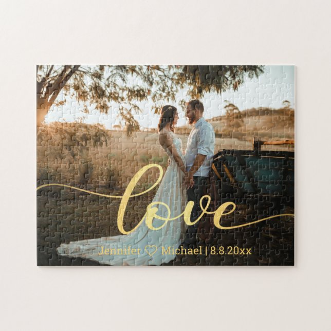 Puzzle amour, or chic calligraphie mariage campagnard pho (Horizontal)