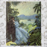 Puzzle Amour vintage et Romance, Vue Tropicale romantique<br><div class="desc">Illustration vintage design d'amour et de romance victorienne avec un jeune couple enlacé sous les palmiers à la lumière d'une pleine lune. Un bateau est dans le port de mer et les montagnes au loin.</div>