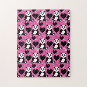 Puzzle Amoureux d'animaux Ours Panda Cœurs Noirs Paillett