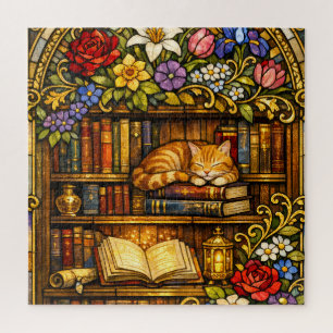 Puzzle Amoureux de livres et de chats endormis Faux vitra