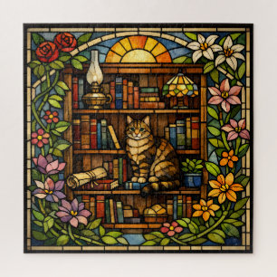 Puzzle Amoureux des livres et des chats Faux vitrail