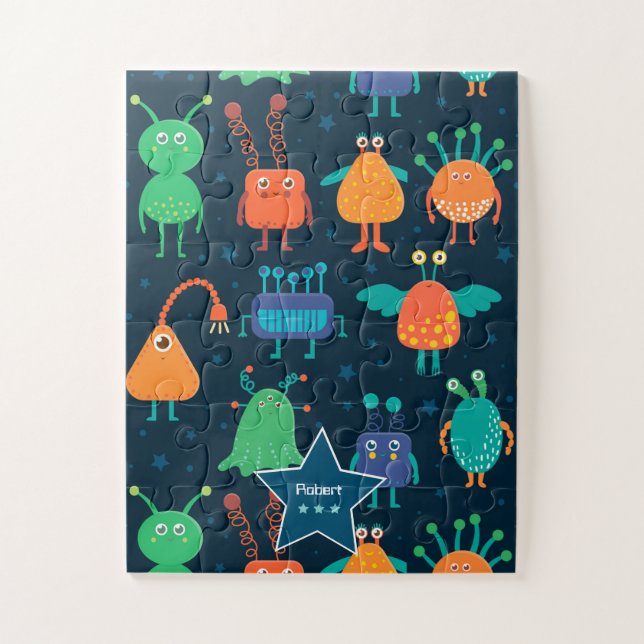 Puzzle Amusant Alien coloré Motif pour enfants sur bleu (Vertical)
