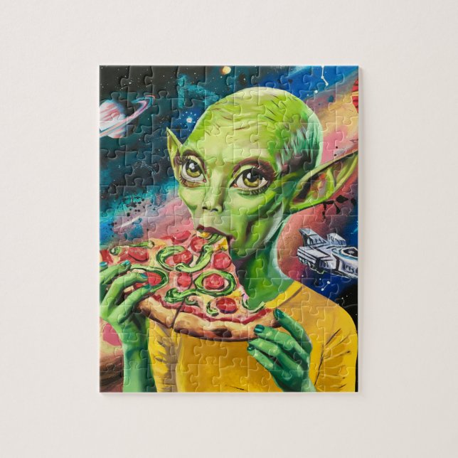 Puzzle Amusant Alien dans l'espace manger de la pizza (Vertical)
