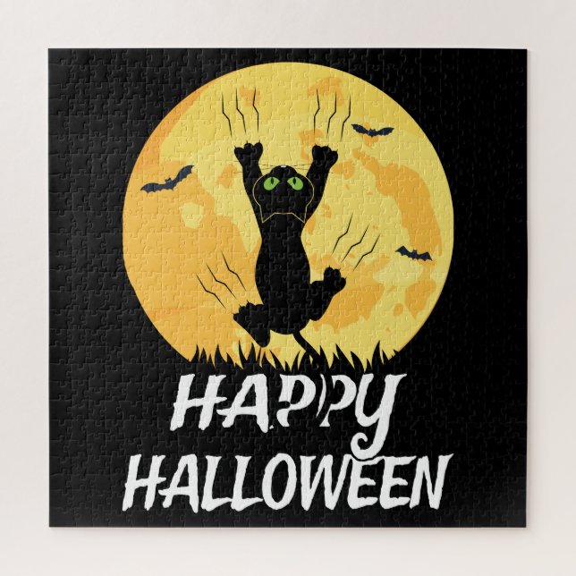 Puzzle Amusante Lune de chat Noir Joyeux Halloween (Vertical)