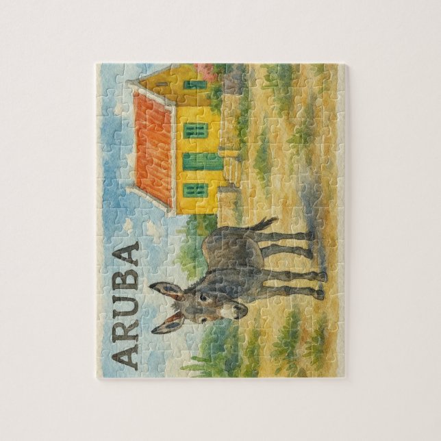 Puzzle Âne d'Aruba avec maison Cunucu jaune aquarelle (Vertical)