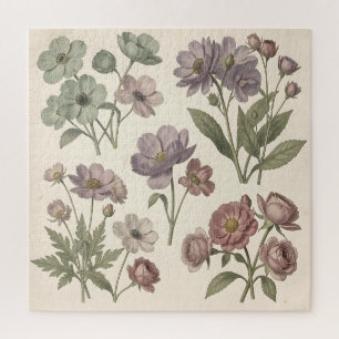 Puzzle Anémones Roses Botaniques Douces Pastel Vintage