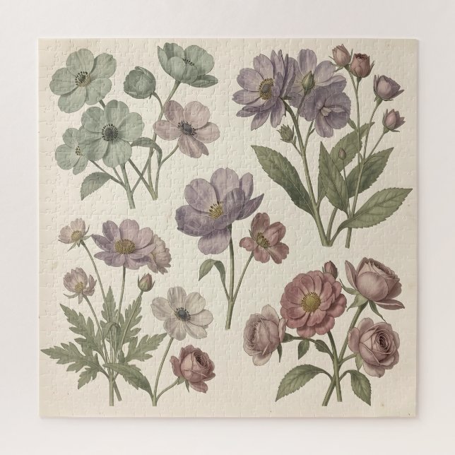 Puzzle Anémones Roses Botaniques Douces Pastel Vintage (Vertical)