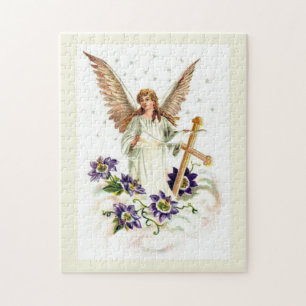 Puzzle Ange avec croix et fleurs de clématite 