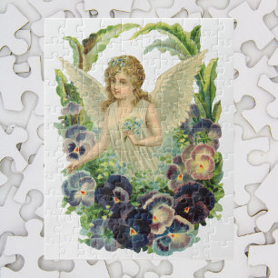 Puzzle Ange de Pâques victorien avec Fleurs de Pansy Viol