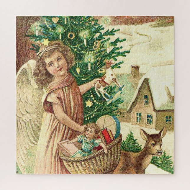 Puzzle Angel bringing Christmas poiss and presents (Vertical)