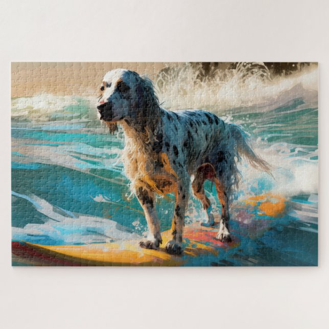 Puzzle Anglais Setter Beach Surfing Painting (Horizontal)