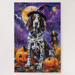 Puzzle Anglais Setter Chien Halloween Sorcière Et Citroui