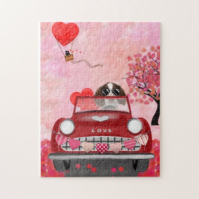 Puzzle Anglais Springer Spaniel Car Hearts Valentine's (Vertical)