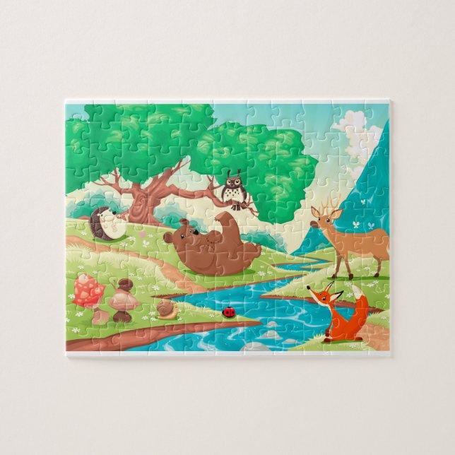 Puzzle Animaux dans le bois. Paysage de bande dessinée (Horizontal)