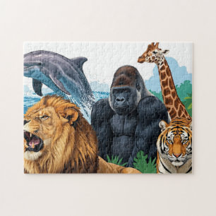 Puzzle Animaux de zoo sauvages - Lion, Tigre, Dauphin & a