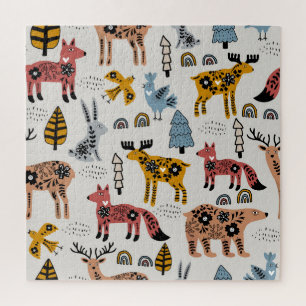 Puzzle Animaux scandinaves, floral, motif mignon.