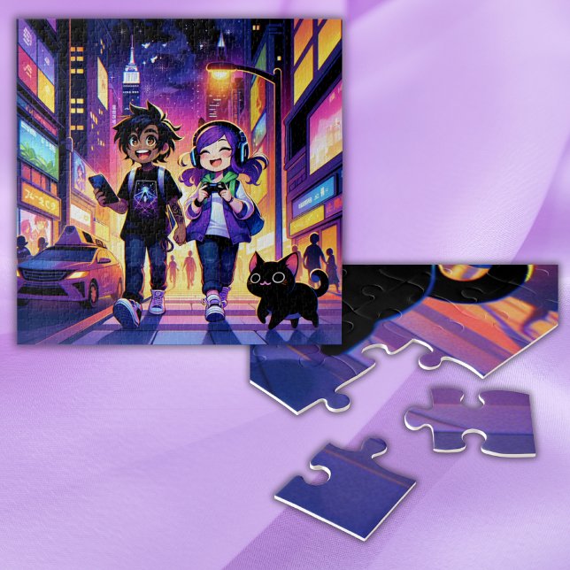 Puzzle Anime Gaming Couple avec leur chat | (Créateur téléchargé)