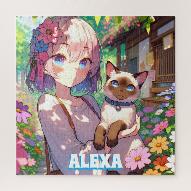 Puzzle Anime Girl et chat siamois Personnalisé (Vertical)