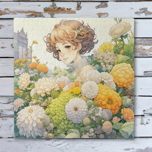 Puzzle Anime Girl in Yellow Flowers