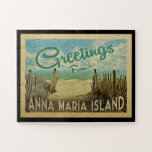 Puzzle Anna Maria Island Beach Vintage Travel<br><div class="desc">This Greetings From Anna Maria Island vintage postcard design features a sandy beach with a beautiful turquoise ocean water and above the sea,  a blue sky with billowy white clouds. In vintage travels style.</div>