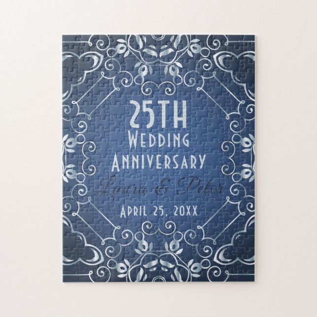 Puzzle Anniversaire élégant du Mariage Bleu et Argent (Vertical)