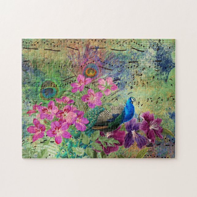 Puzzle Antique Peacock Illustré & Fleurs Grunge (Horizontal)