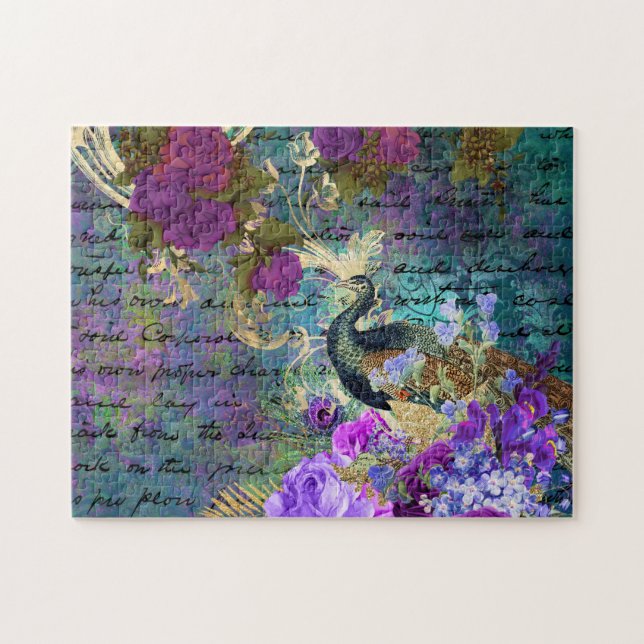 Puzzle Antique Peacock Illustré & Fleurs Grunge (Horizontal)