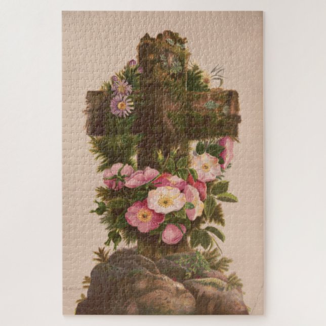 Puzzle Antique Rustic Cross, Wild Roses, Easter Card, (Vertical)