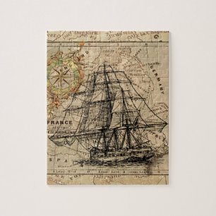 Puzzle Antique Vieux Général France Carte et Navire