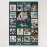 Puzzle Any Quote Family Photo Collage Green Gold Monogram<br><div class="desc">Celebrate the simple joys of family with a unique and fun photo collage puzzle. If you prefer a background or text in colors other than green, gold, and white, see instructions below. (IMAGE PLACEMENT TIP: An easy way to center a photo exactly how you want is to crop it before...</div>