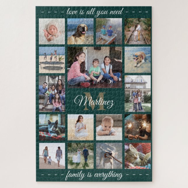 Puzzle Any Quote Family Photo Collage Green Gold Monogram (Vertical)