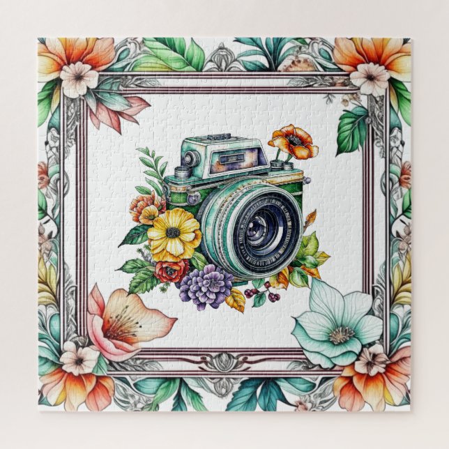 Puzzle Appareil photo ancien avec fleurs jolies aquarelle (Vertical)