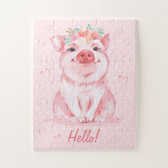 Puzzle Aquarelle adorable Cochon rose Personnalisé (Vertical)