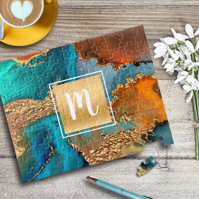 Puzzle Aquarelle Agate monogramme or turquoise orange (Créateur téléchargé)