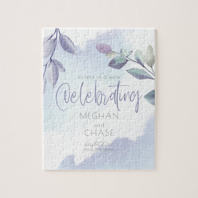 Puzzle Aquarelle Aqua Lilac Feuilles Enregistrer la date (Vertical)