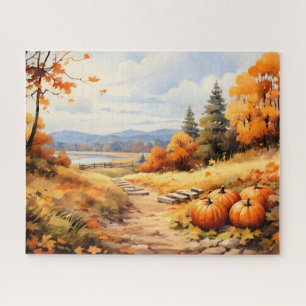 Puzzle Aquarelle Automne Citrouille de route en chute Feu