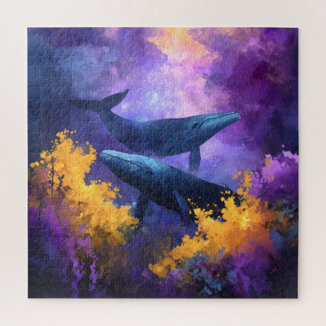Puzzle Aquarelle Baleines Jardin Océan Abstrait (Vertical)