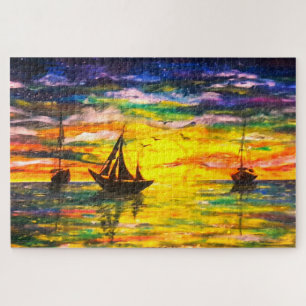 Puzzle Aquarelle - Bateaux au coucher du soleil - Art -