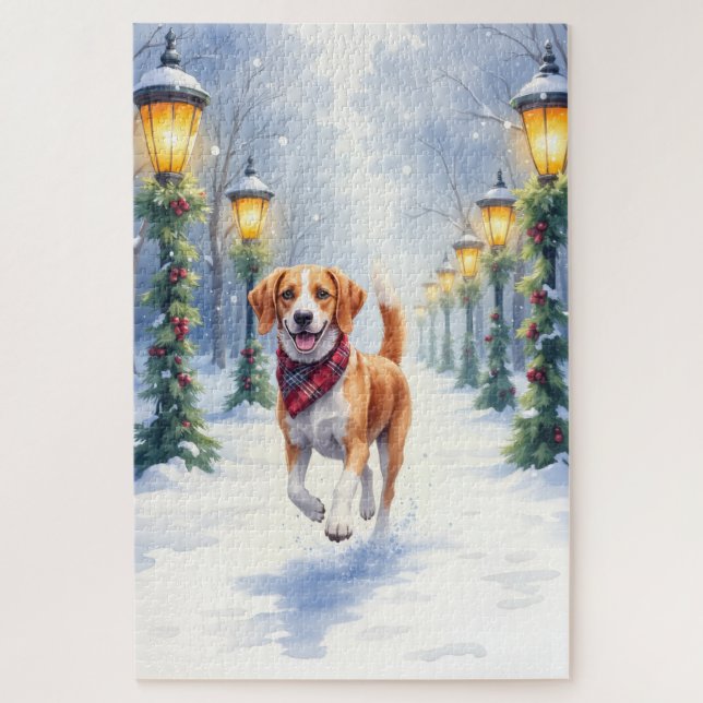 Puzzle Aquarelle Beagle Parc enneigé Noël Fêtes (Vertical)