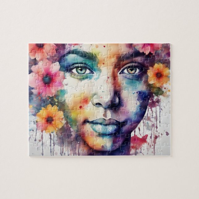 Puzzle Aquarelle Belle Femme Noire Avec Fleurs (Horizontal)