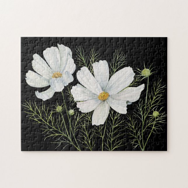Puzzle Aquarelle Blanc Cosmos Fleurs Peinture Botanique (Horizontal)