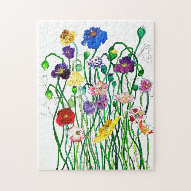 Puzzle Aquarelle blanche Whimsical Colorful Poppy sauvage (Vertical)