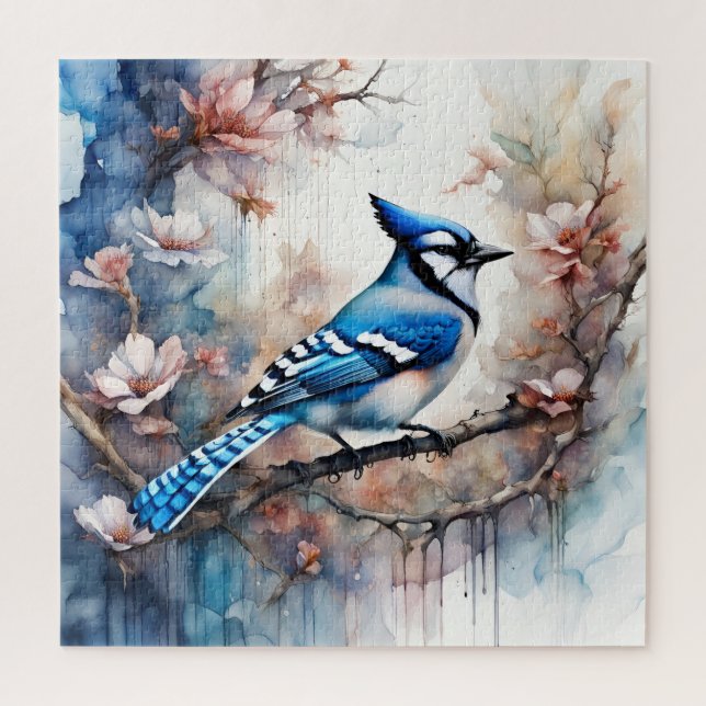 Puzzle Aquarelle bleu Jay Cherry Blossoms (Vertical)