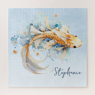 Puzzle Aquarelle bleu or Koi poisson personnalisé