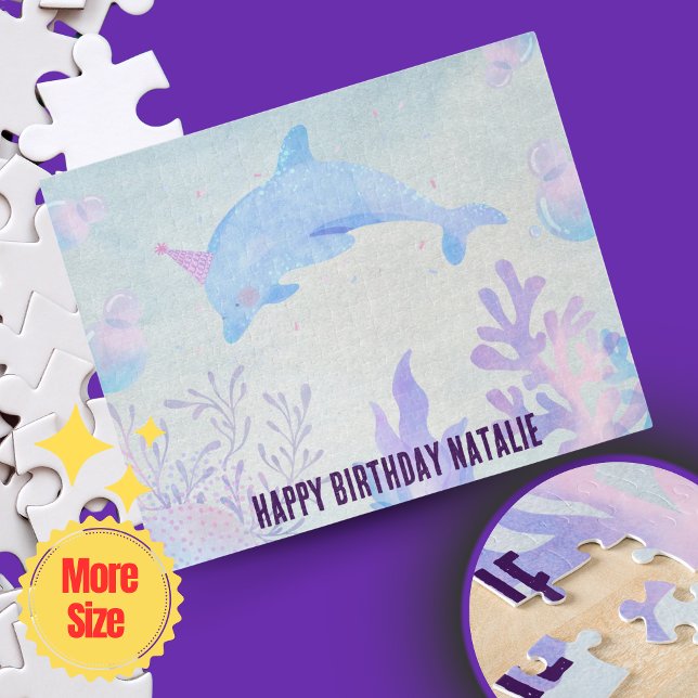 Puzzle Aquarelle bleue personnalisée Mer et Delphine (Personalized Blue Watercolor Sea & Dolphin Jigsaw Puzzle – Minimalist Ocean-Themed Gift for Kids )